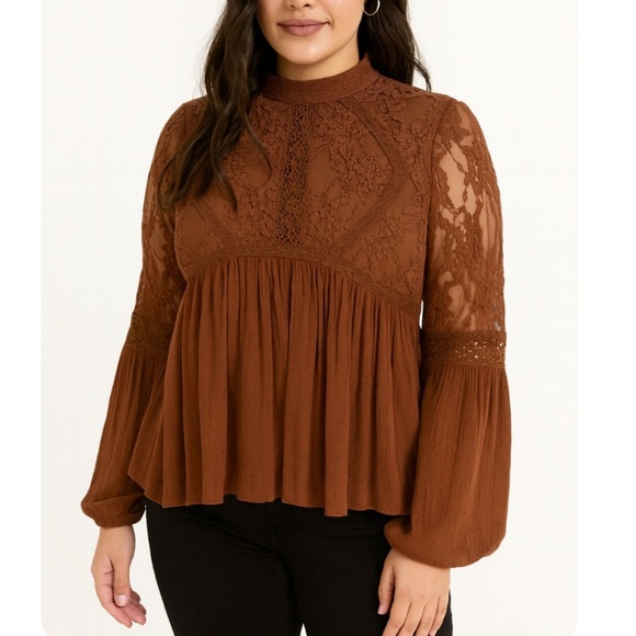 American Eagletop/blouse Brown Lace Blouse Fit & Flare XS flowy BOHO lace arm - Picture 1 of 9